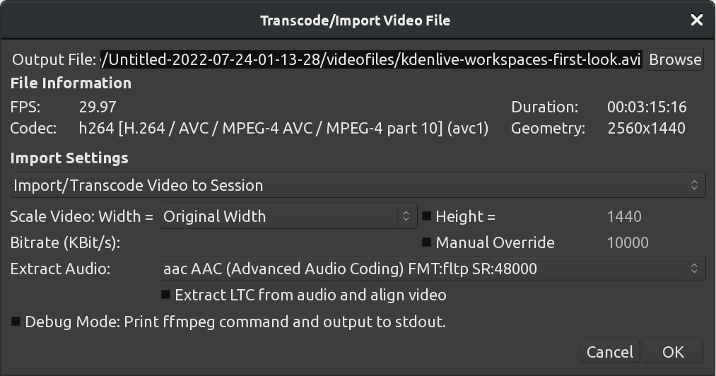 The Transcode/Import Video dialog