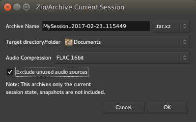 The Zip/Archive Current Session window