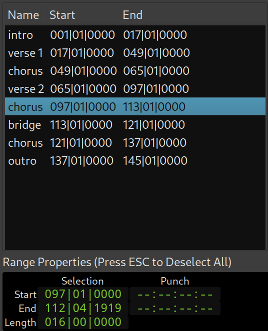 Selected range section in the Arrangement list