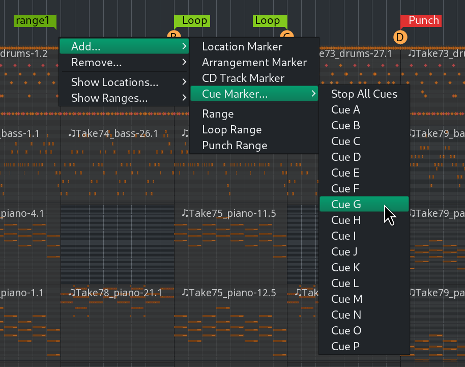 Right-click menu for the Cue Markers ruler