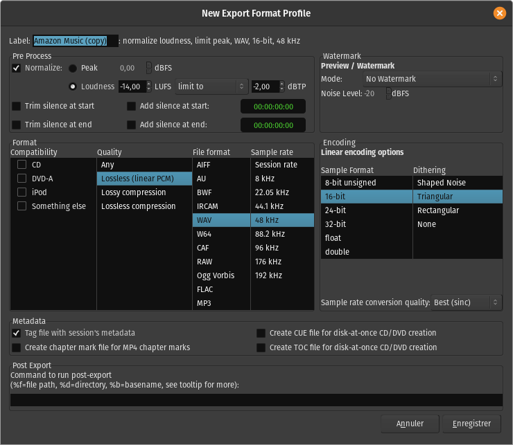 The 'Edit Export Format Profile' dialog