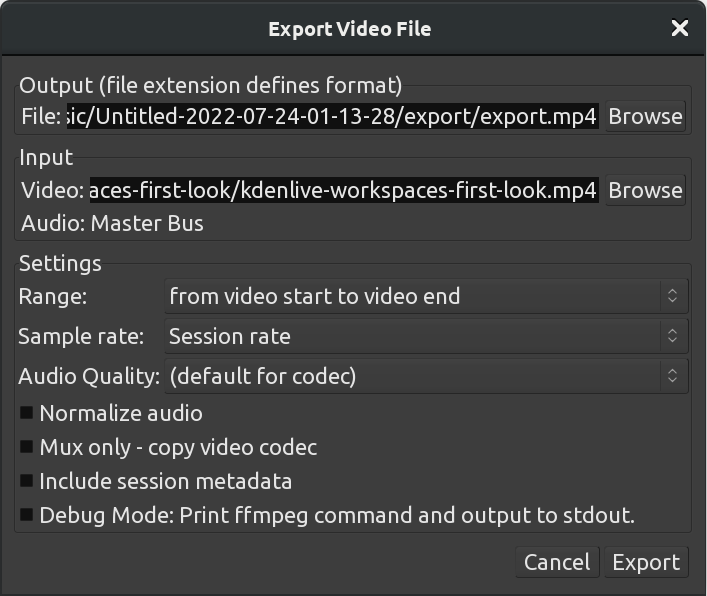 The Video Export Dialog