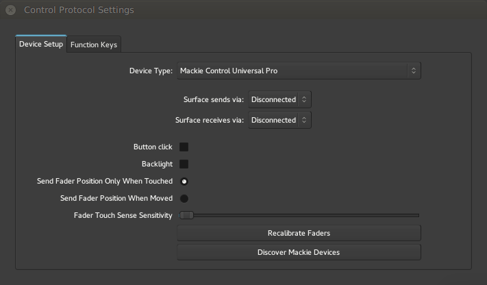 The Mackie Control Setup Dialog