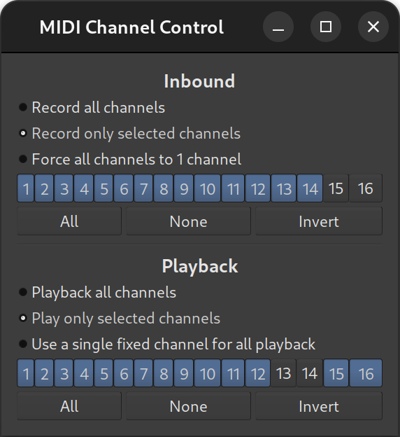 The MIDI channel control window