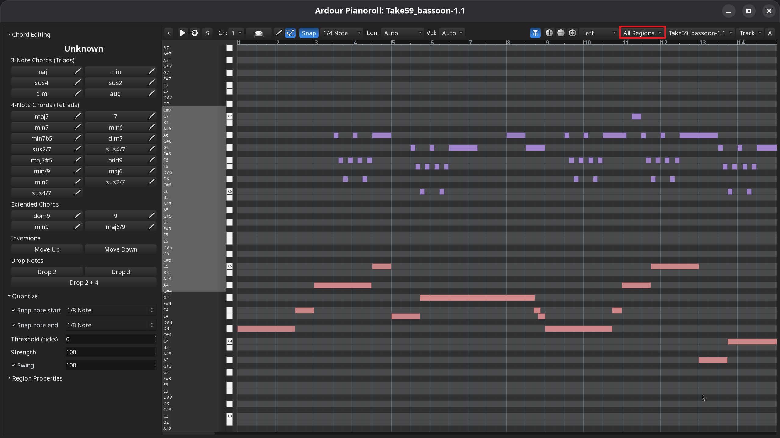 Viewing all MIDI regions in a pianoroll window
