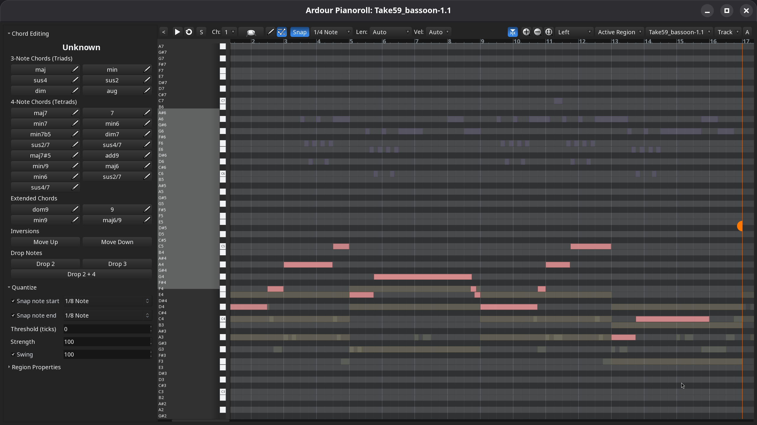 Multiple MIDI regions opened in a pianoroll window