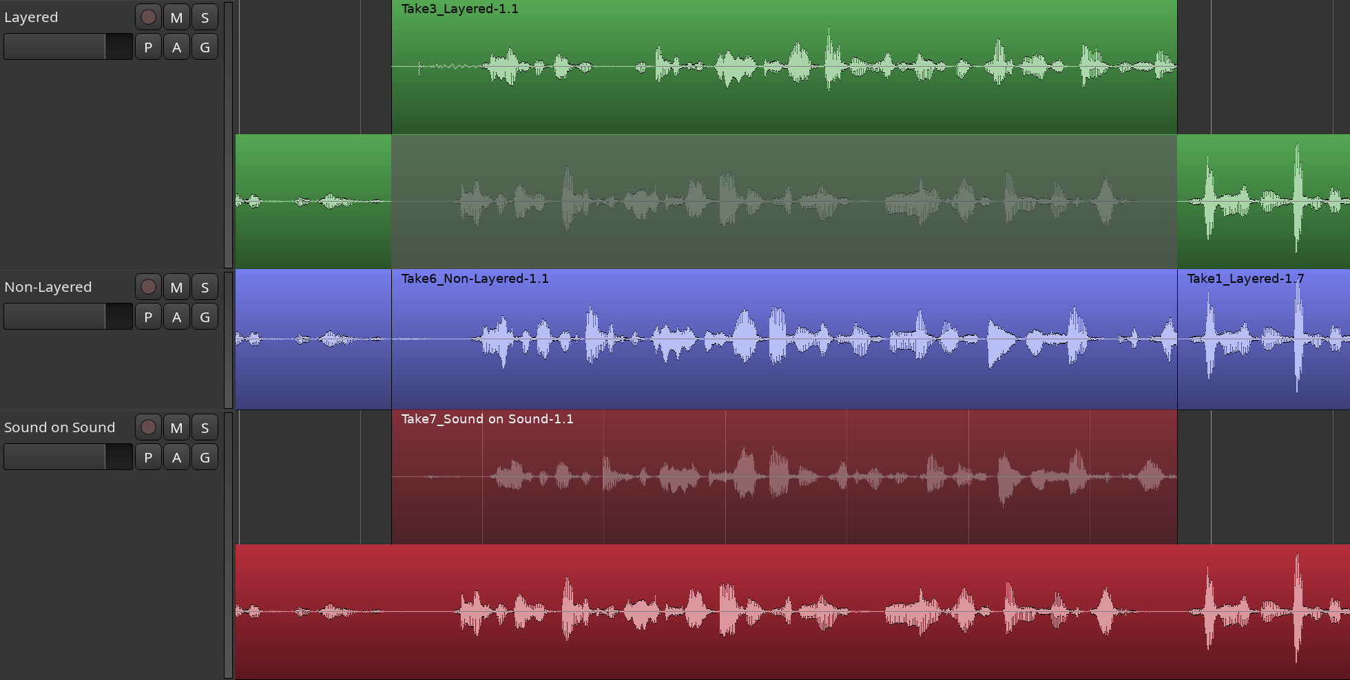 Layered, non-layered, and sound-on-sound modes in stacked view