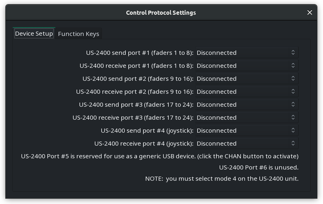 TASCAM US-2400 port settings