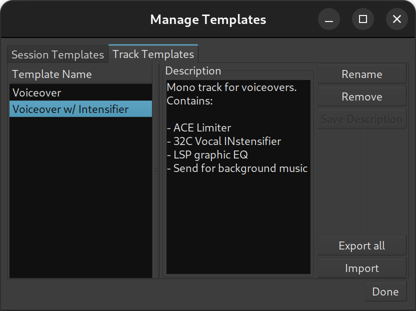 Track templates management